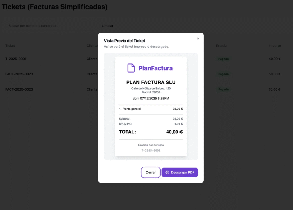 factura simplificada interfaz planfactura